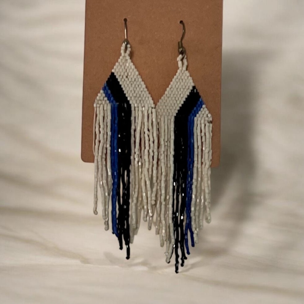 Beaded Fringe Earrings in White, Blue & Black